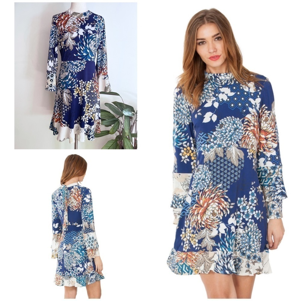 EUC Hale Bob Rosario Floral Stretch Jersey 3/4 Sleeves Blue Flower Dress Small